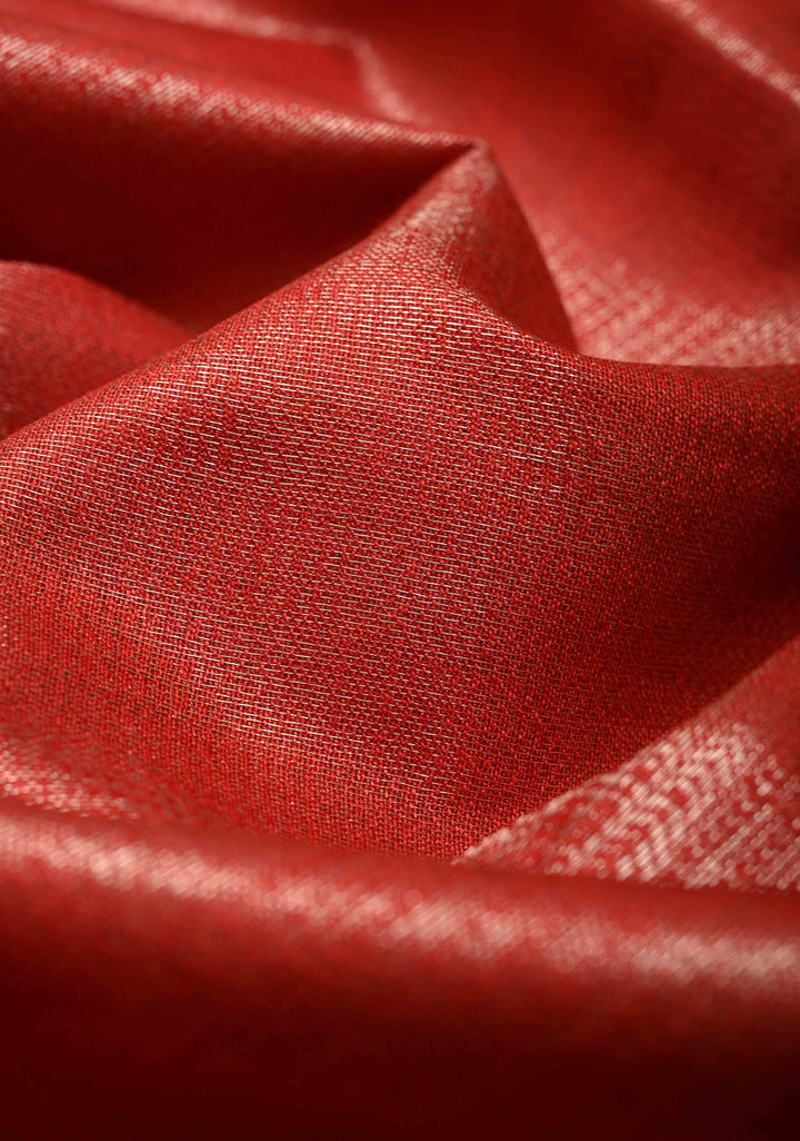 Red Semi Tussar Tissue Saree with Temple Silver Zari Border