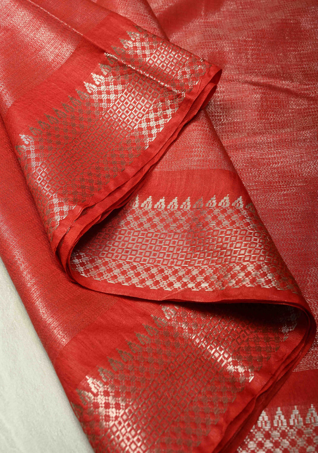 Red Semi Tussar Tissue Saree with Temple Silver Zari Border