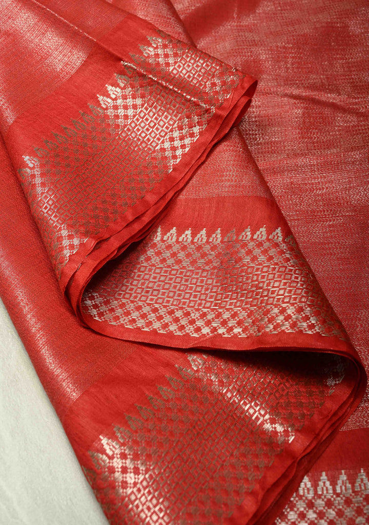 Red Semi Tussar Tissue Saree with Temple Silver Zari Border