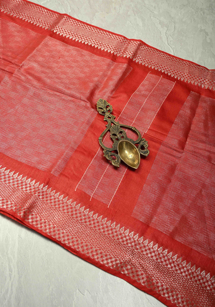Red Semi Tussar Tissue Saree with Temple Silver Zari Border