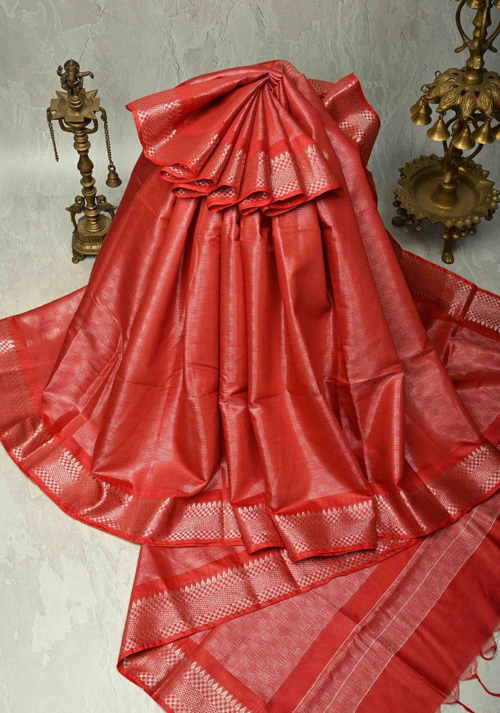 Red Semi Tussar Tissue Saree with Temple Silver Zari Border