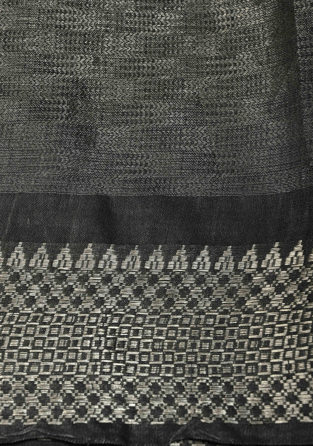 Black Semi Tussar Tissue Saree with Temple Silver Zari Border
