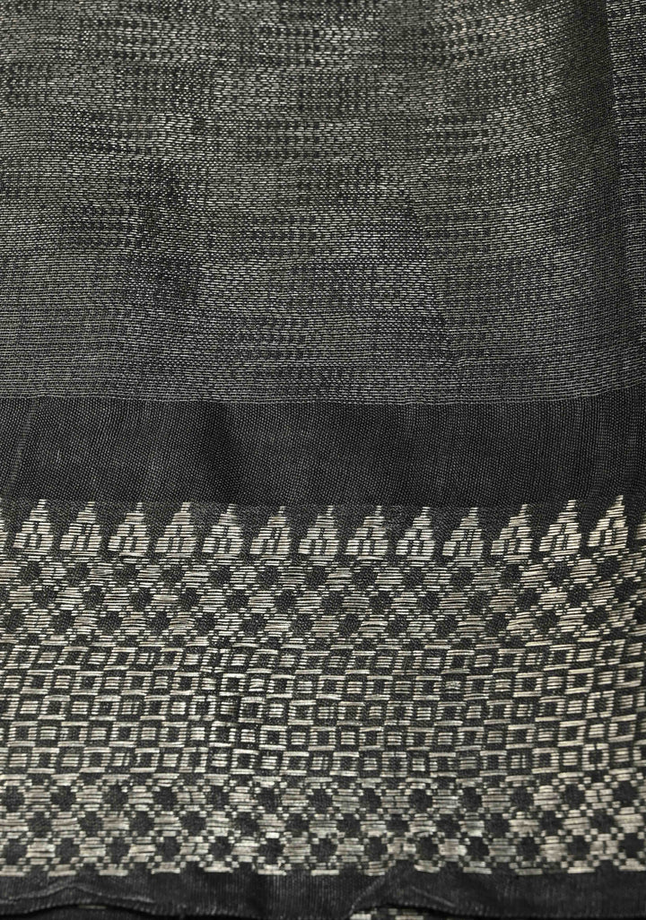 Black Semi Tussar Tissue Saree with Temple Silver Zari Border