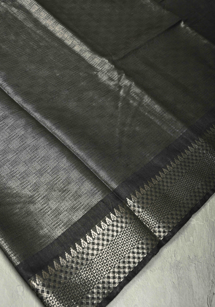 Black Semi Tussar Tissue Saree with Temple Silver Zari Border