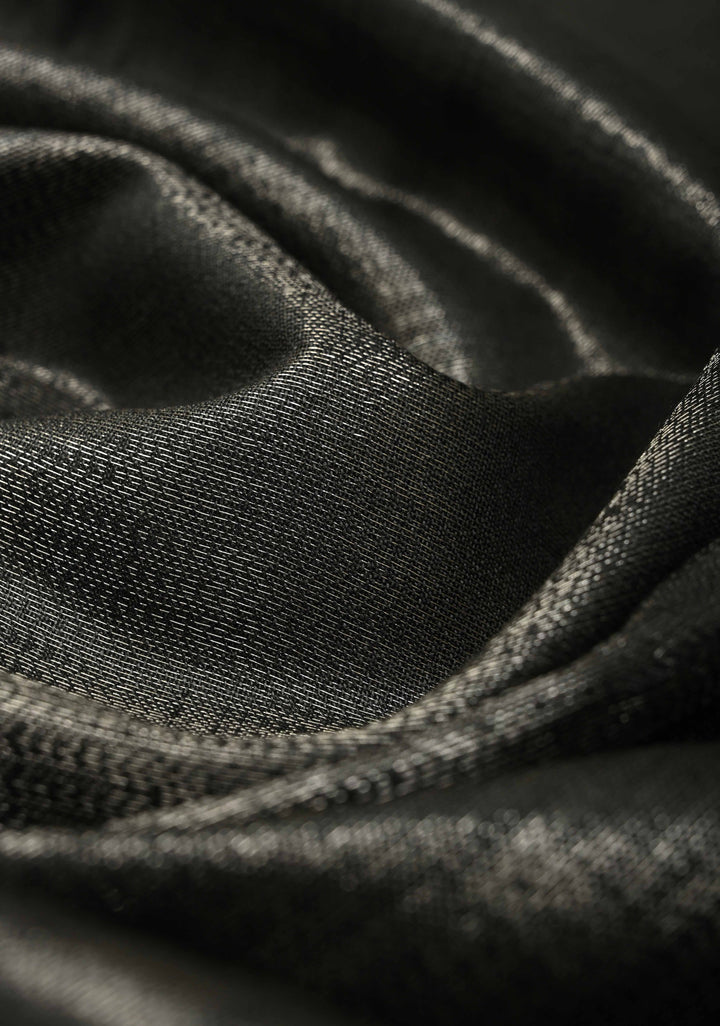 Black Semi Tussar Tissue Saree with Temple Silver Zari Border