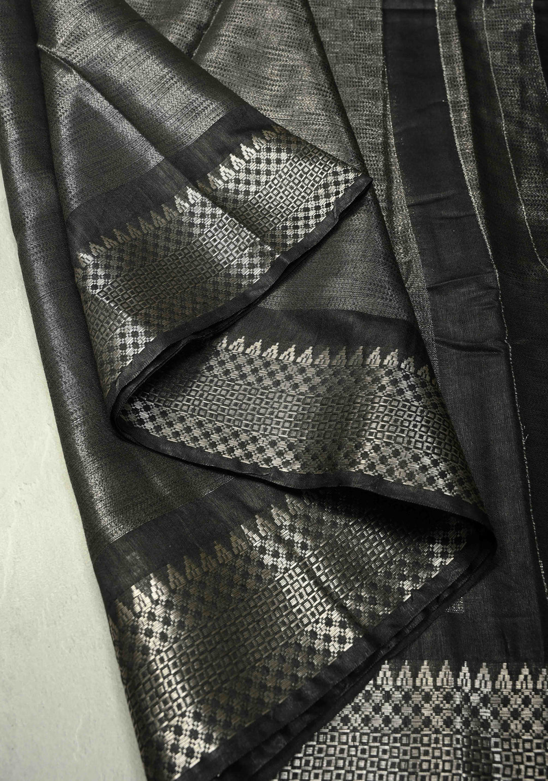 Black Semi Tussar Tissue Saree with Temple Silver Zari Border