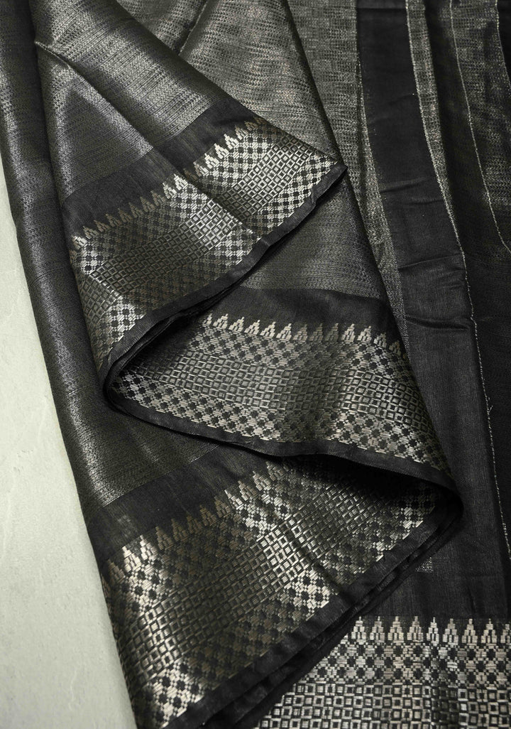 Black Semi Tussar Tissue Saree with Temple Silver Zari Border