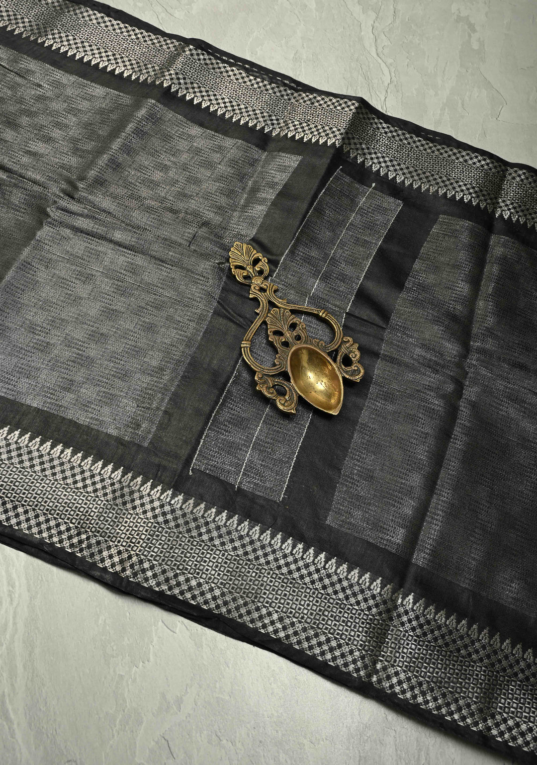 Black Semi Tussar Tissue Saree with Temple Silver Zari Border