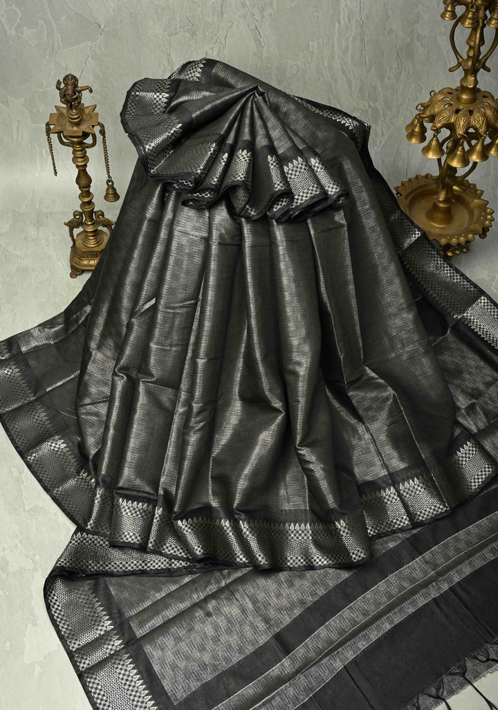 Black Semi Tussar Tissue Saree with Temple Silver Zari Border