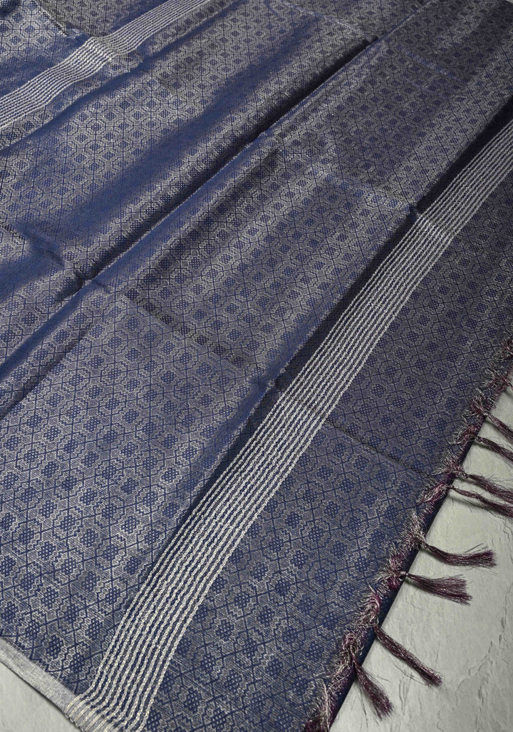 Royal Blue Semi Tussar Saree with Zari Brocade and Minimal Silver Zari Border