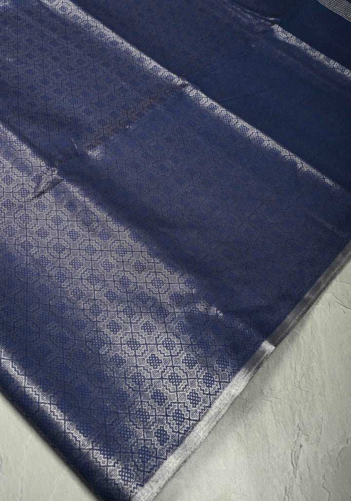 Royal Blue Semi Tussar Saree with Zari Brocade and Minimal Silver Zari Border
