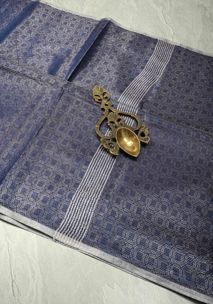 Royal Blue Semi Tussar Saree with Zari Brocade and Minimal Silver Zari Border