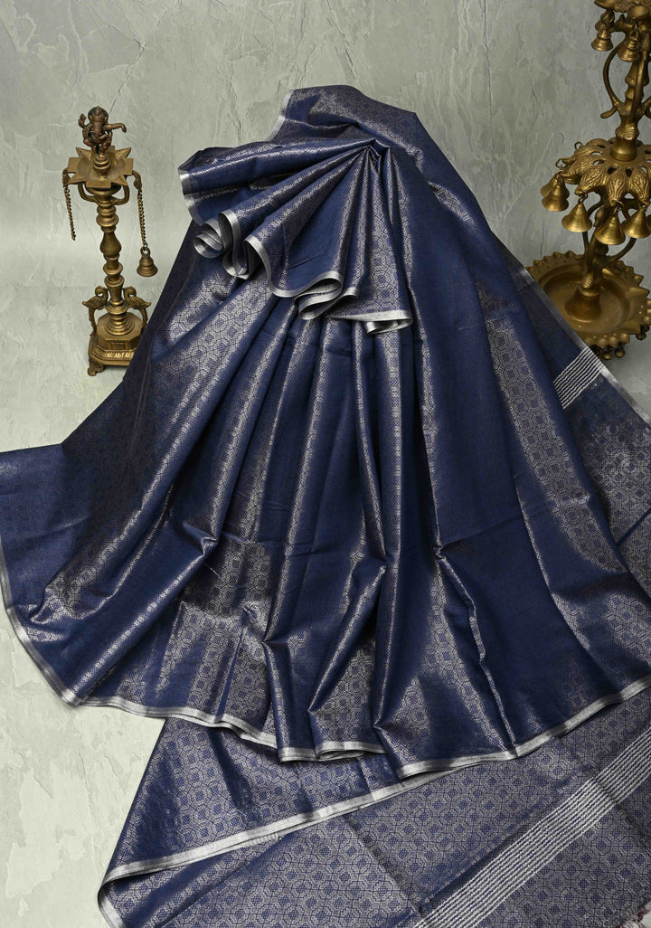 Royal Blue Semi Tussar Saree with Zari Brocade and Minimal Silver Zari Border