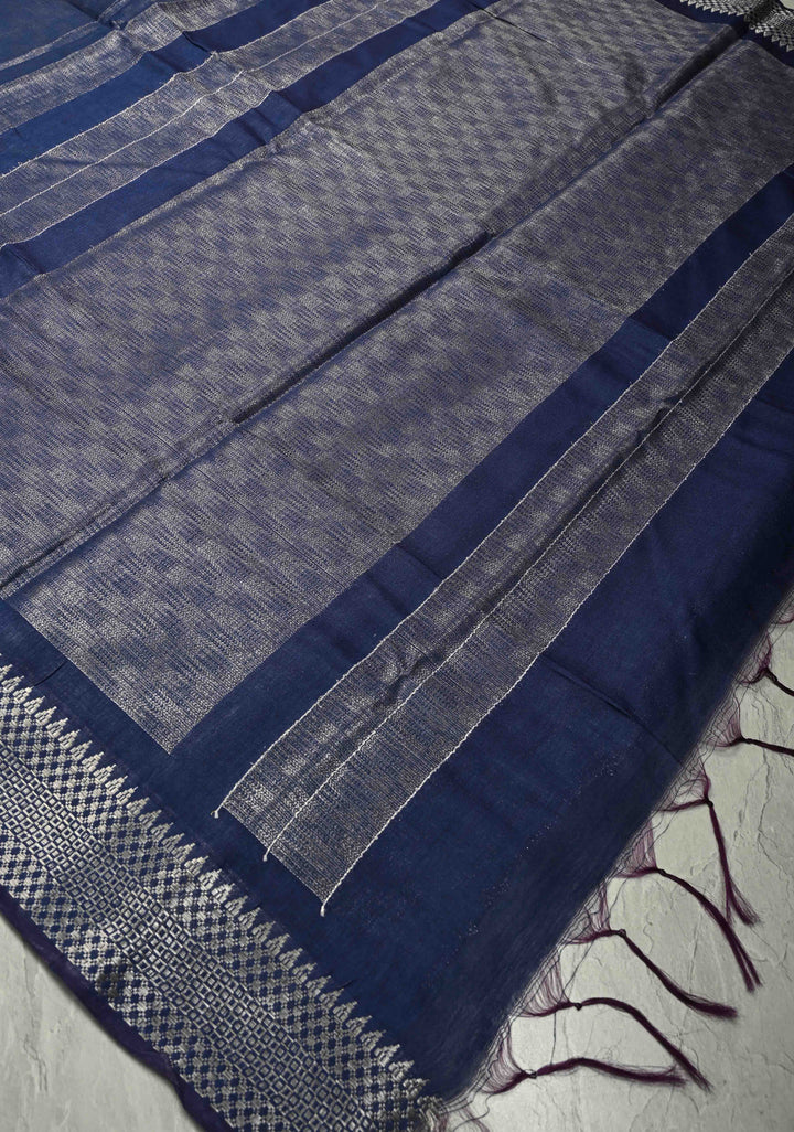 Prussian Blue Semi Tussar Tissue Saree with Temple Silver Zari Border