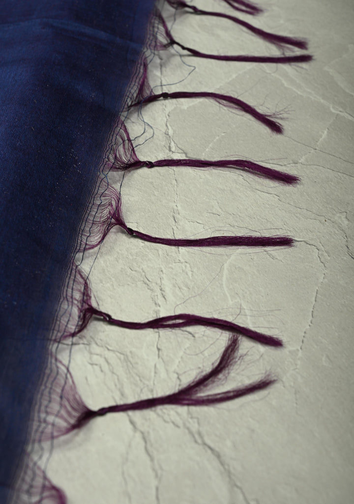 Prussian Blue Semi Tussar Tissue Saree with Temple Silver Zari Border