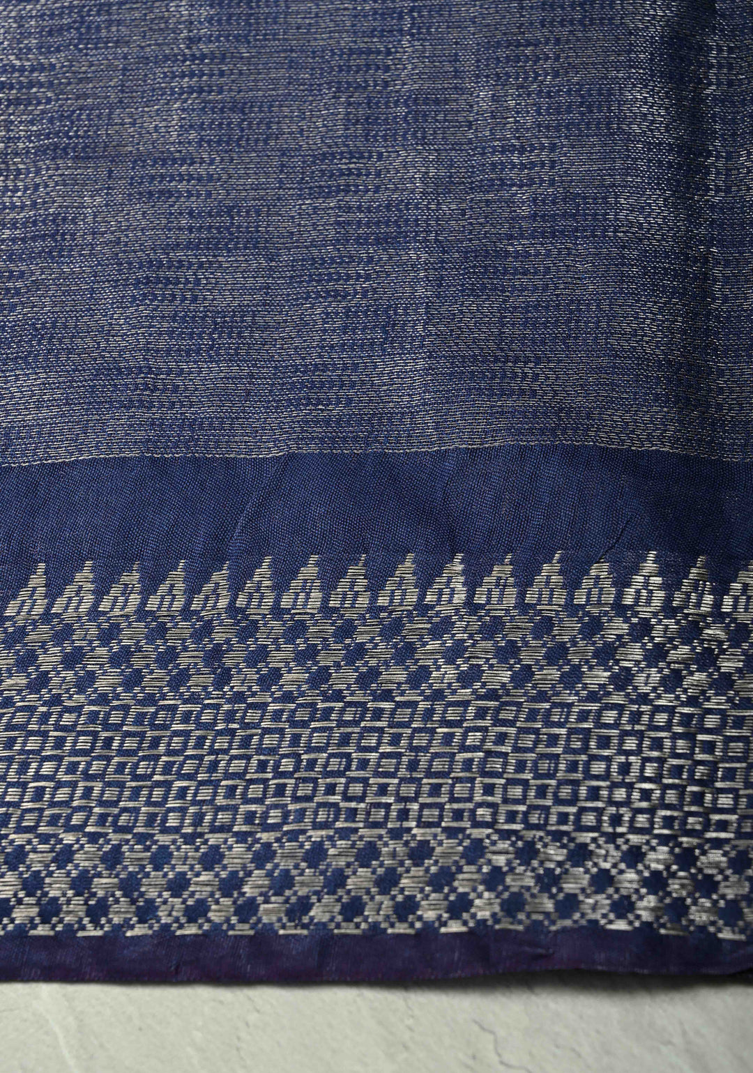 Prussian Blue Semi Tussar Tissue Saree with Temple Silver Zari Border