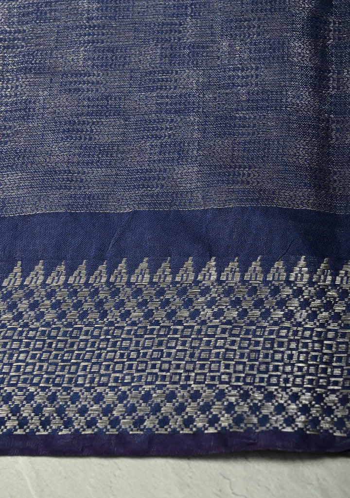 Prussian Blue Semi Tussar Tissue Saree with Temple Silver Zari Border