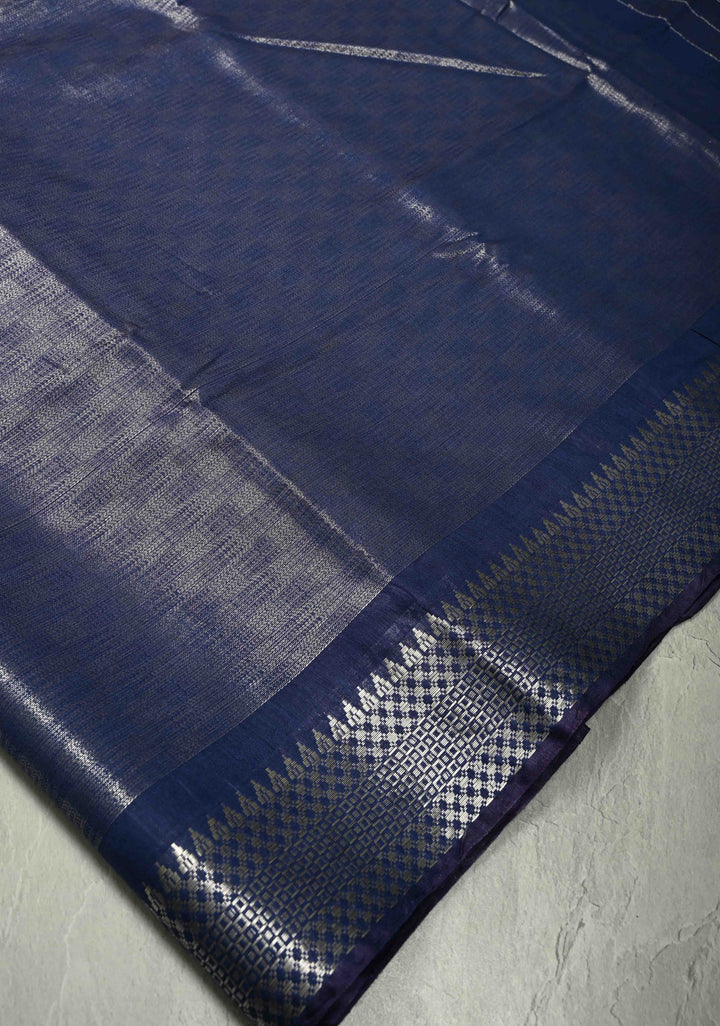 Prussian Blue Semi Tussar Tissue Saree with Temple Silver Zari Border