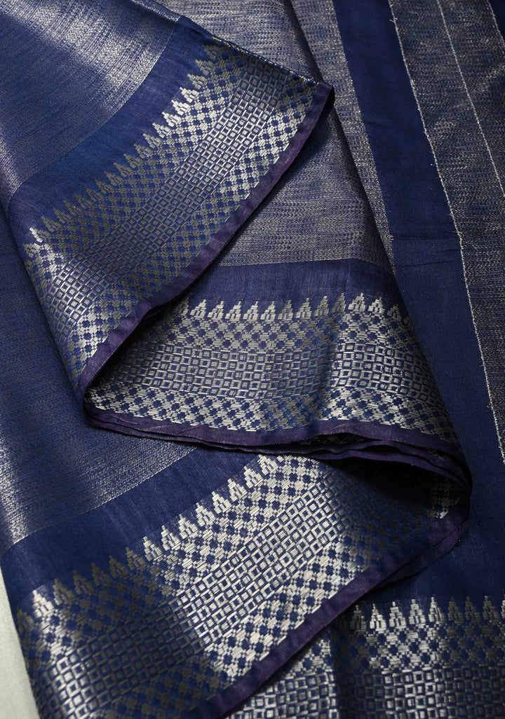 Prussian Blue Semi Tussar Tissue Saree with Temple Silver Zari Border