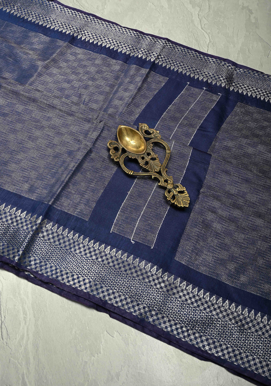 Prussian Blue Semi Tussar Tissue Saree with Temple Silver Zari Border