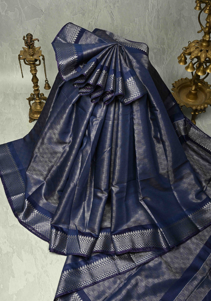 Prussian Blue Semi Tussar Tissue Saree with Temple Silver Zari Border