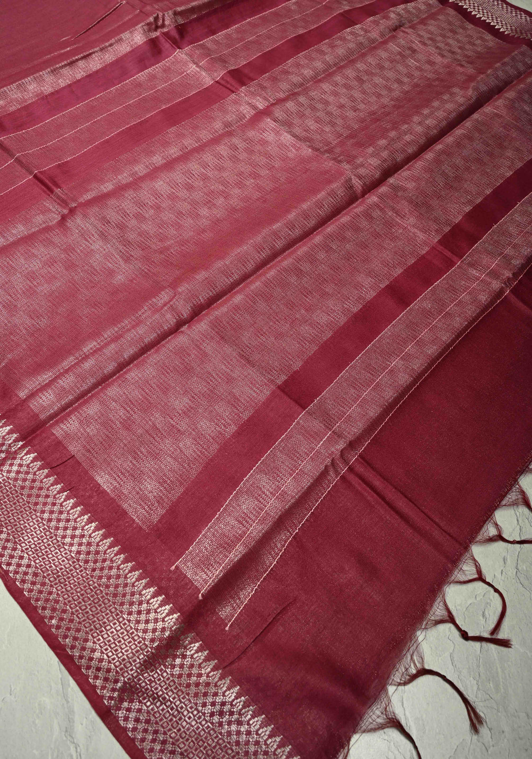 Eggplant Purple Semi Tussar Saree with Silver Temple Zari Border