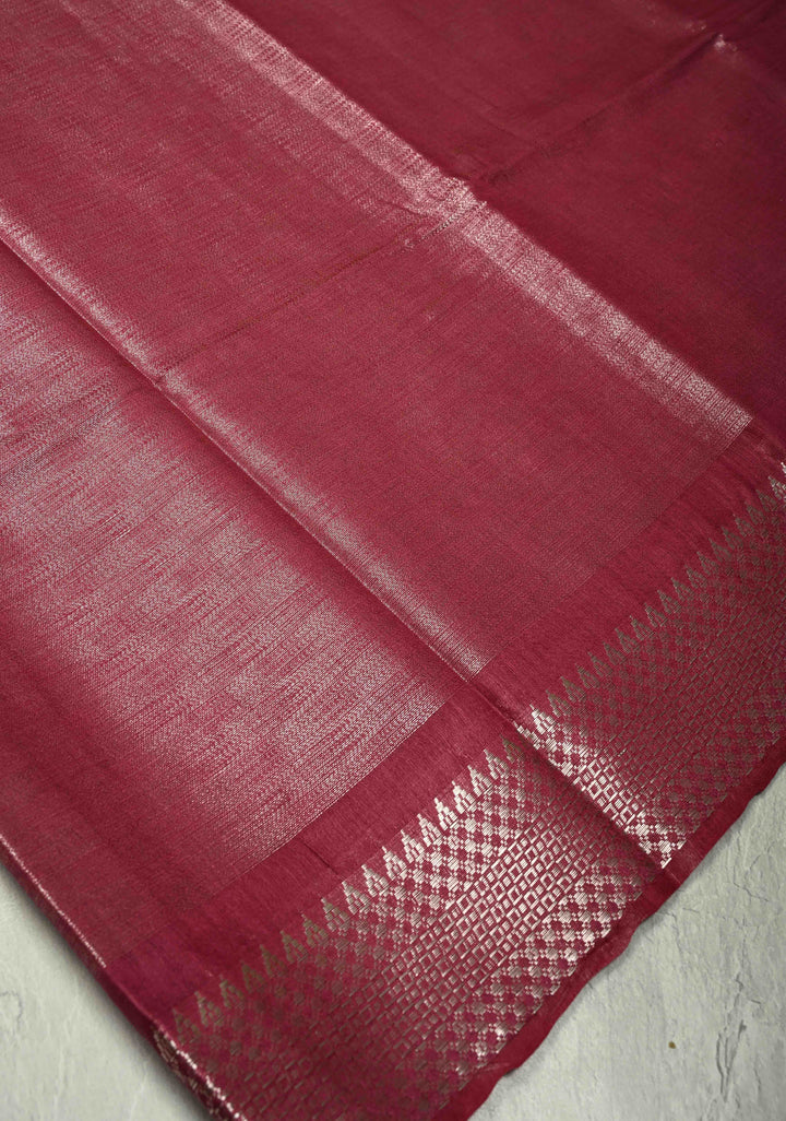 Eggplant Purple Semi Tussar Saree with Silver Temple Zari Border