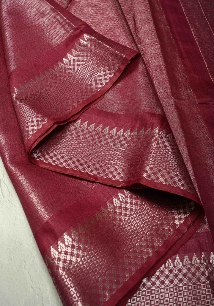 Eggplant Purple Semi Tussar Saree with Silver Temple Zari Border