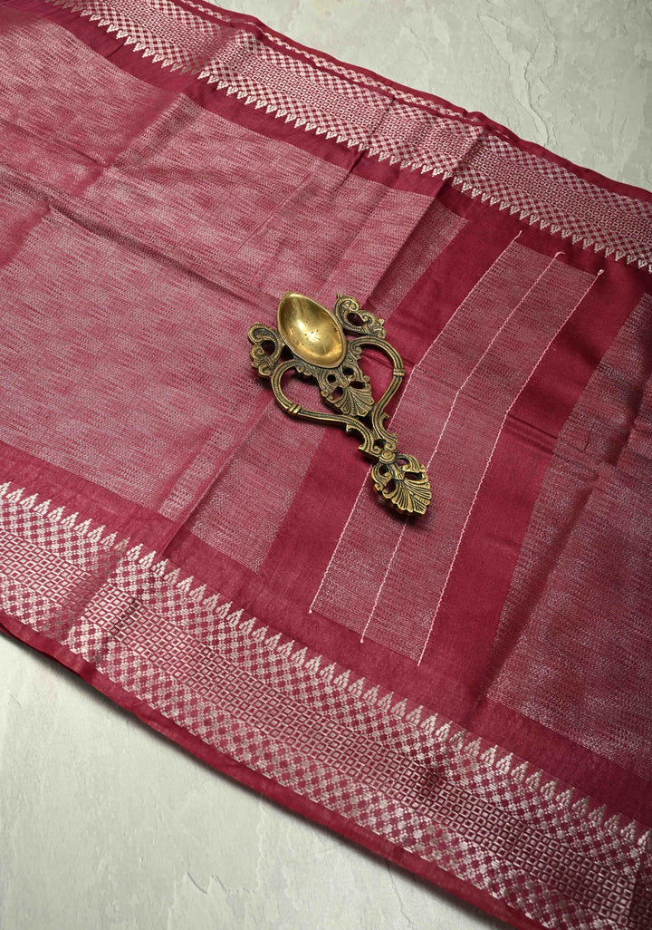 Eggplant Purple Semi Tussar Saree with Silver Temple Zari Border