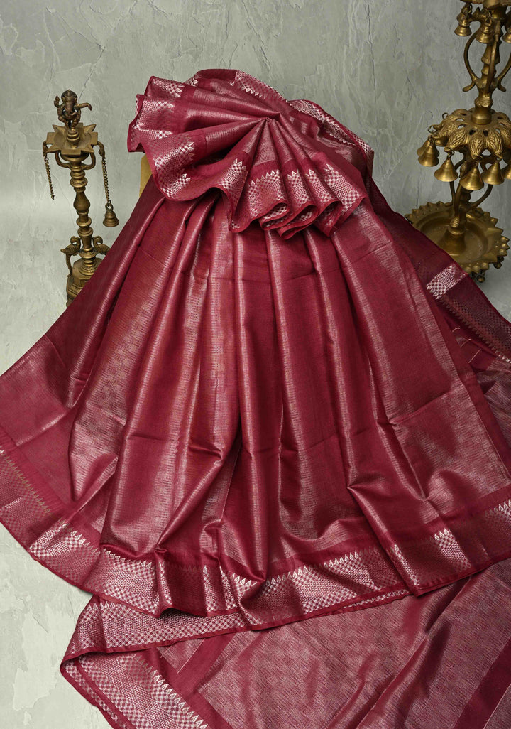 Eggplant Purple Semi Tussar Saree with Silver Temple Zari Border