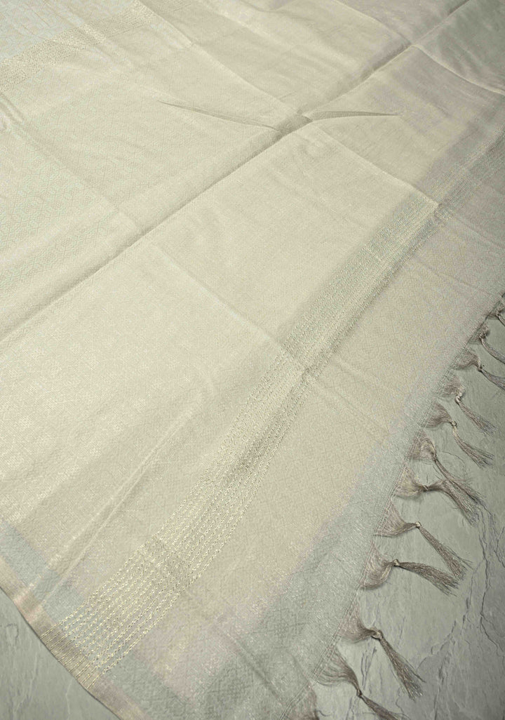 Silver Semi Tussar Saree with Zari Brocade and Minimal Silver Zari Border