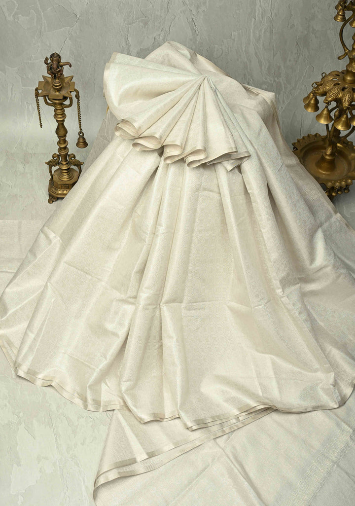 Silver Semi Tussar Saree with Zari Brocade and Minimal Silver Zari Border