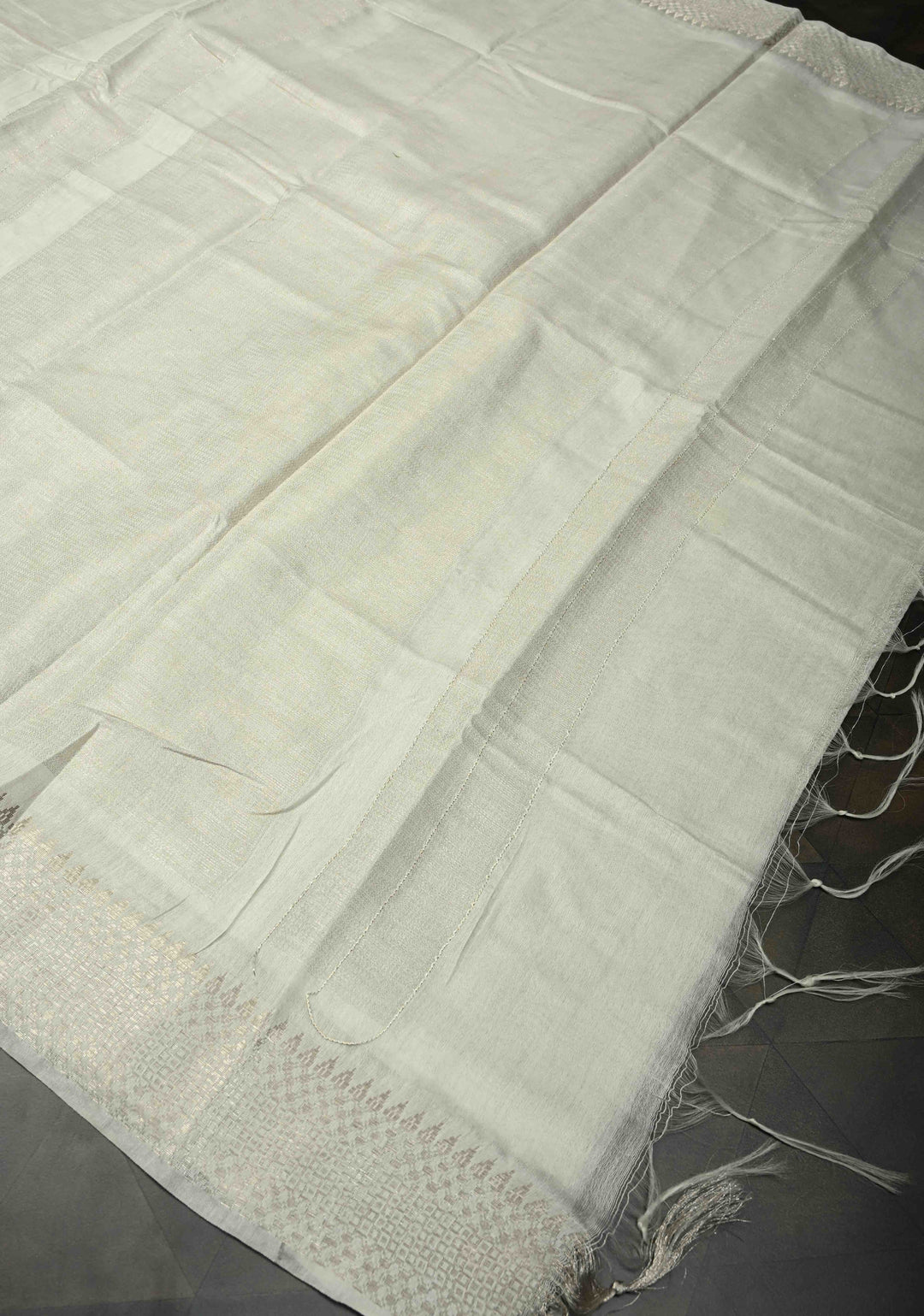 White Semi Tussar Saree with Zari Border