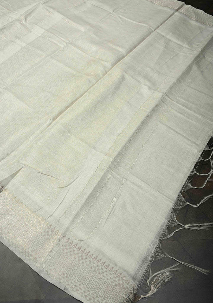 White Semi Tussar Saree with Zari Border