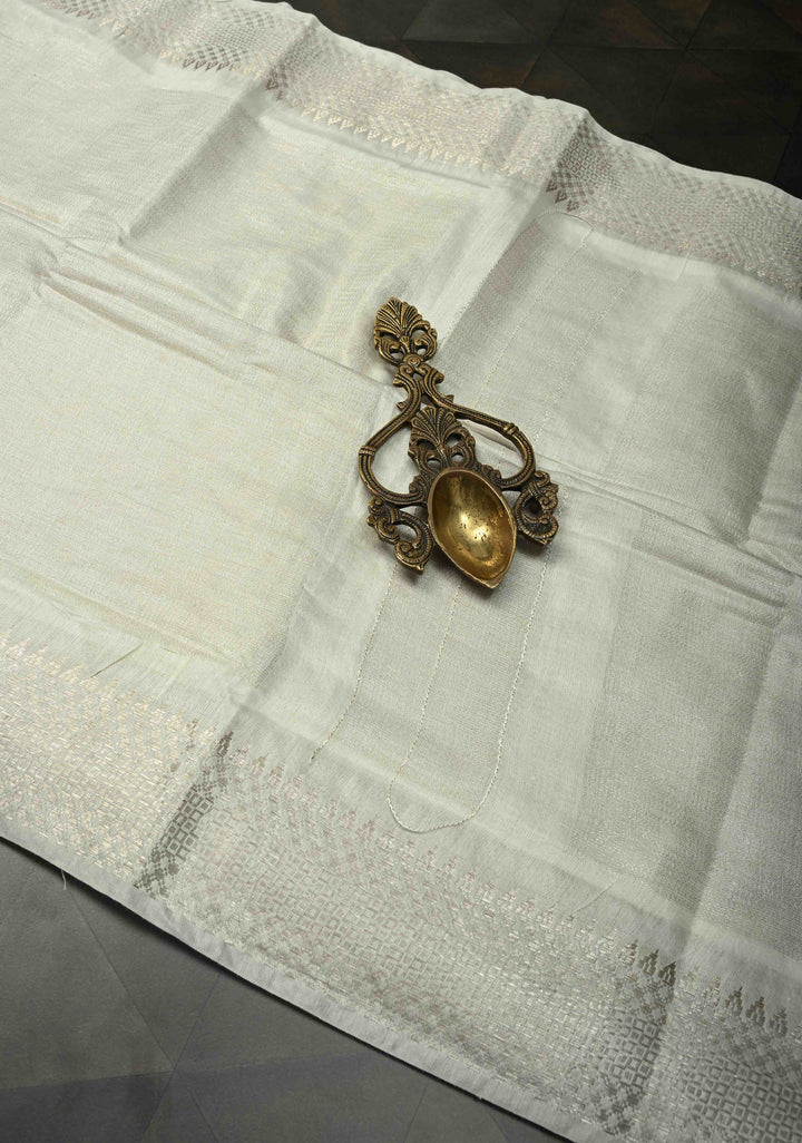 White Semi Tussar Saree with Zari Border