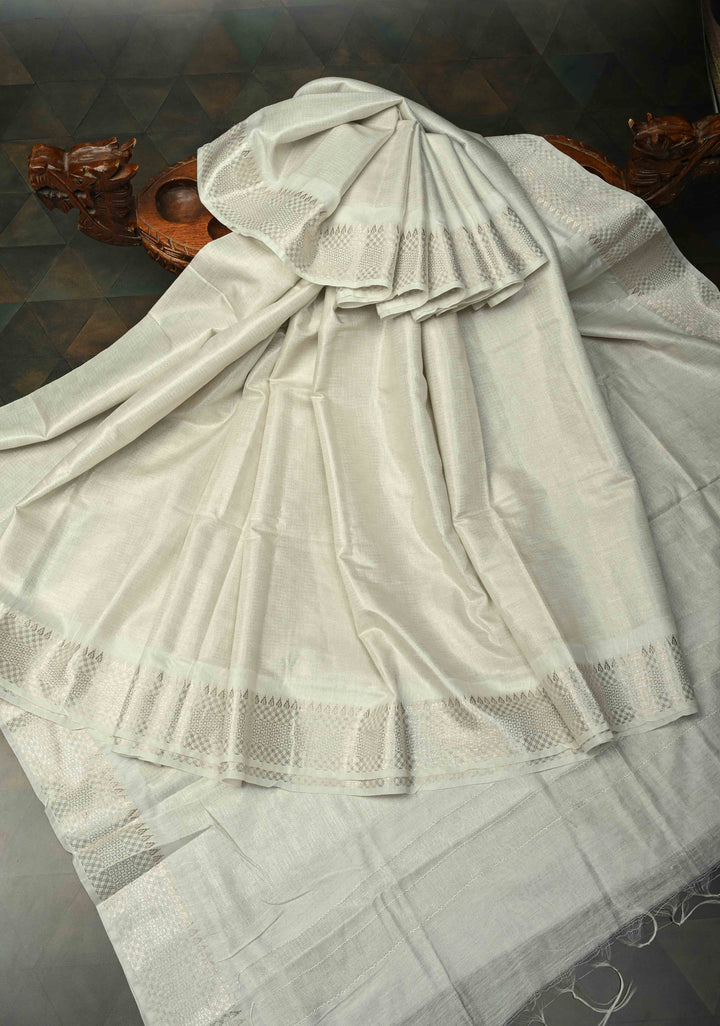 White Semi Tussar Saree with Zari Border