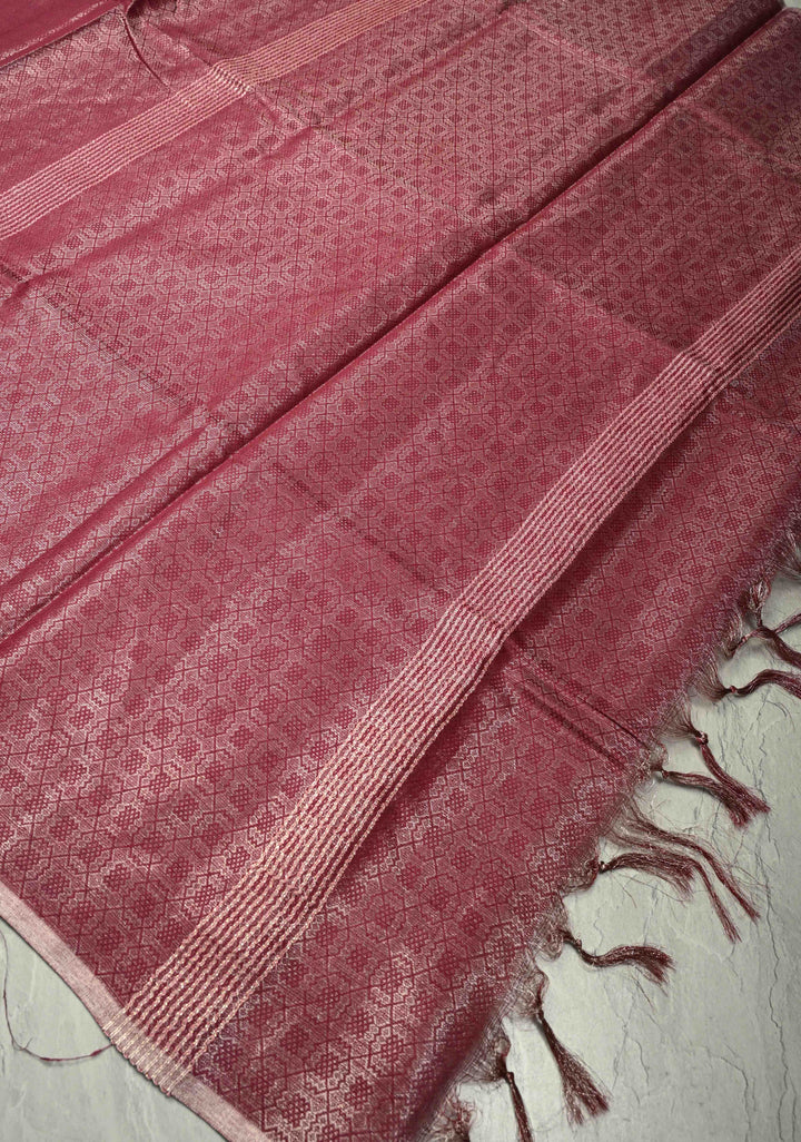 Dark Magenta Semi Tussar Saree with Zari Brocade and Minimal Silver Zari Border