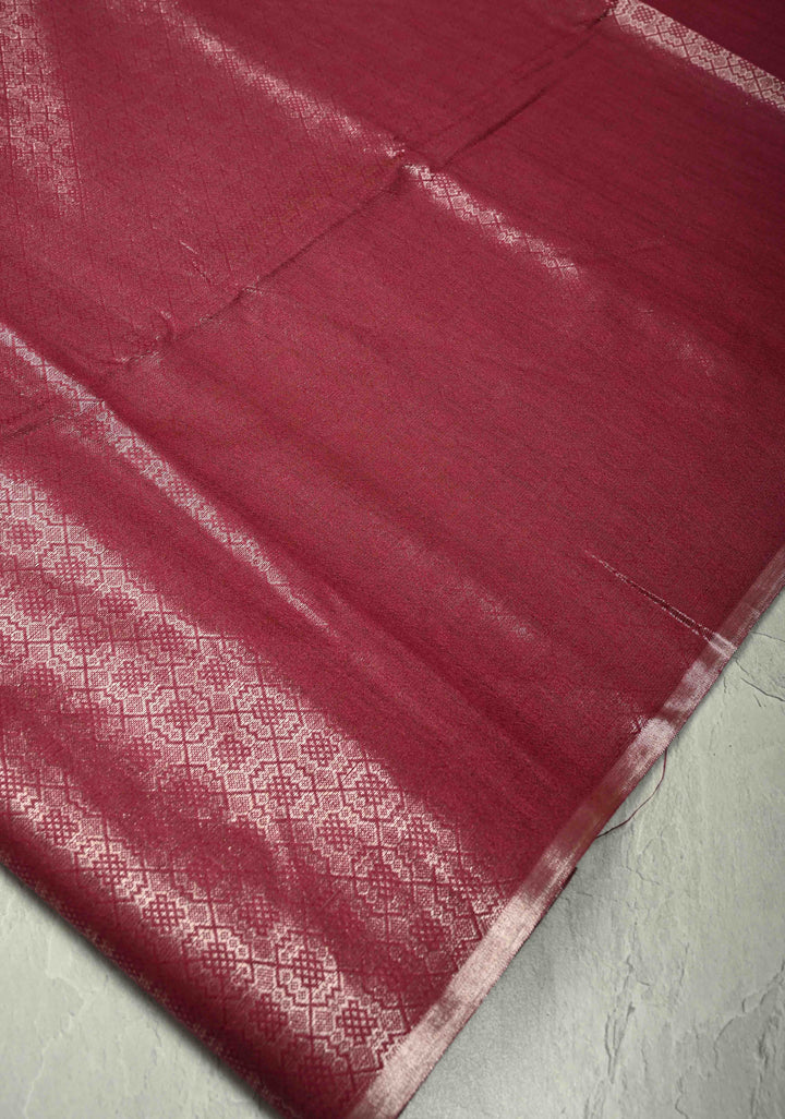 Dark Magenta Semi Tussar Saree with Zari Brocade and Minimal Silver Zari Border