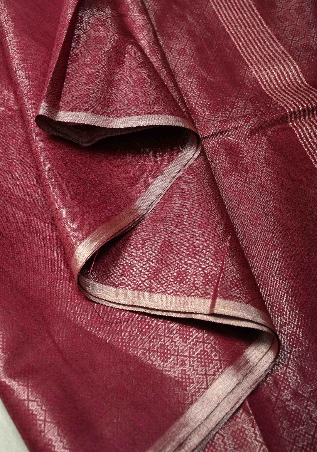 Dark Magenta Semi Tussar Saree with Zari Brocade and Minimal Silver Zari Border