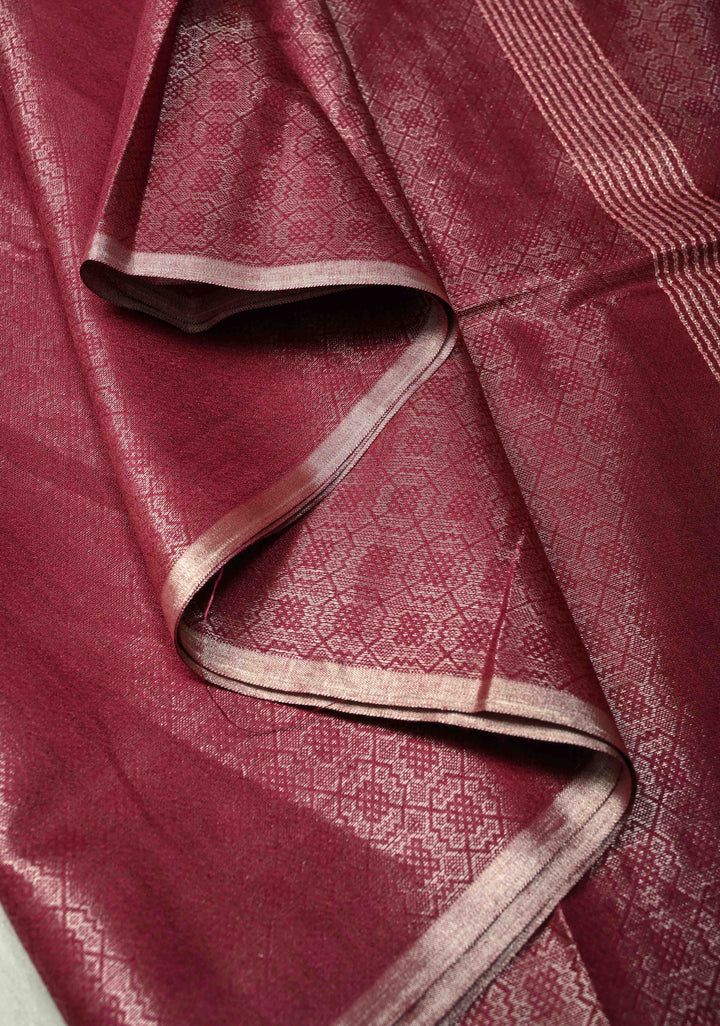 Dark Magenta Semi Tussar Saree with Zari Brocade and Minimal Silver Zari Border