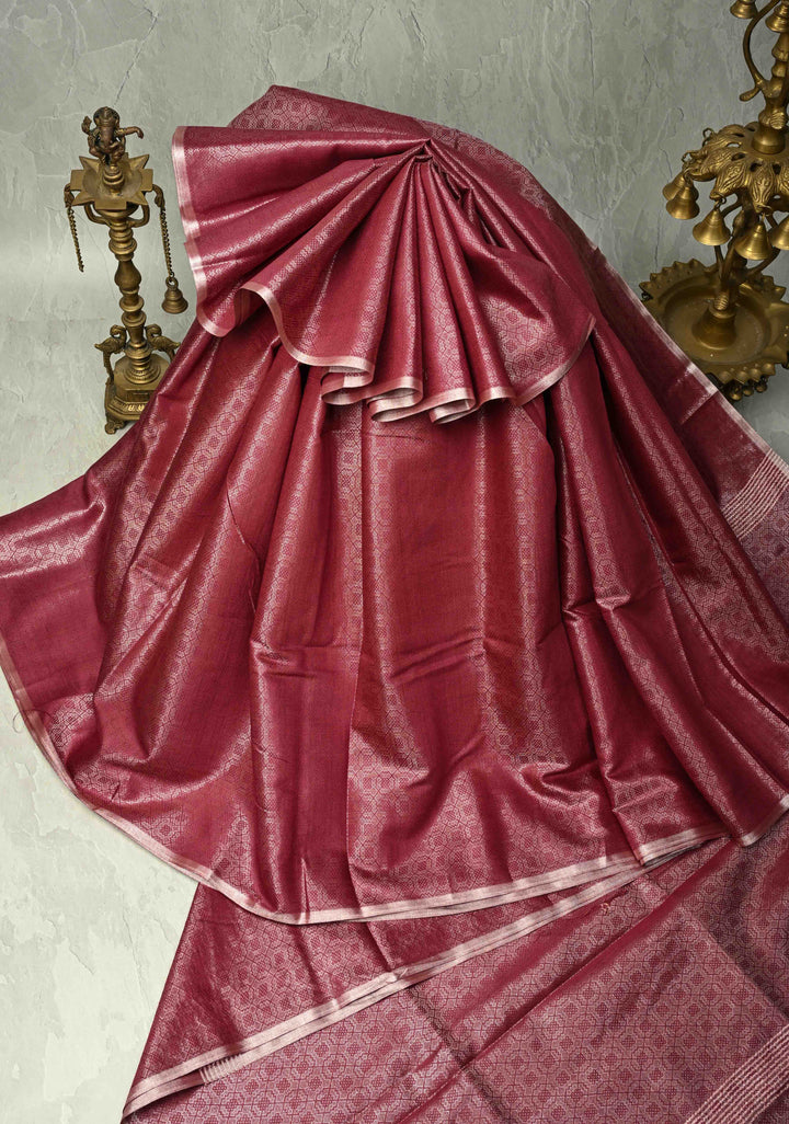 Dark Magenta Semi Tussar Saree with Zari Brocade and Minimal Silver Zari Border