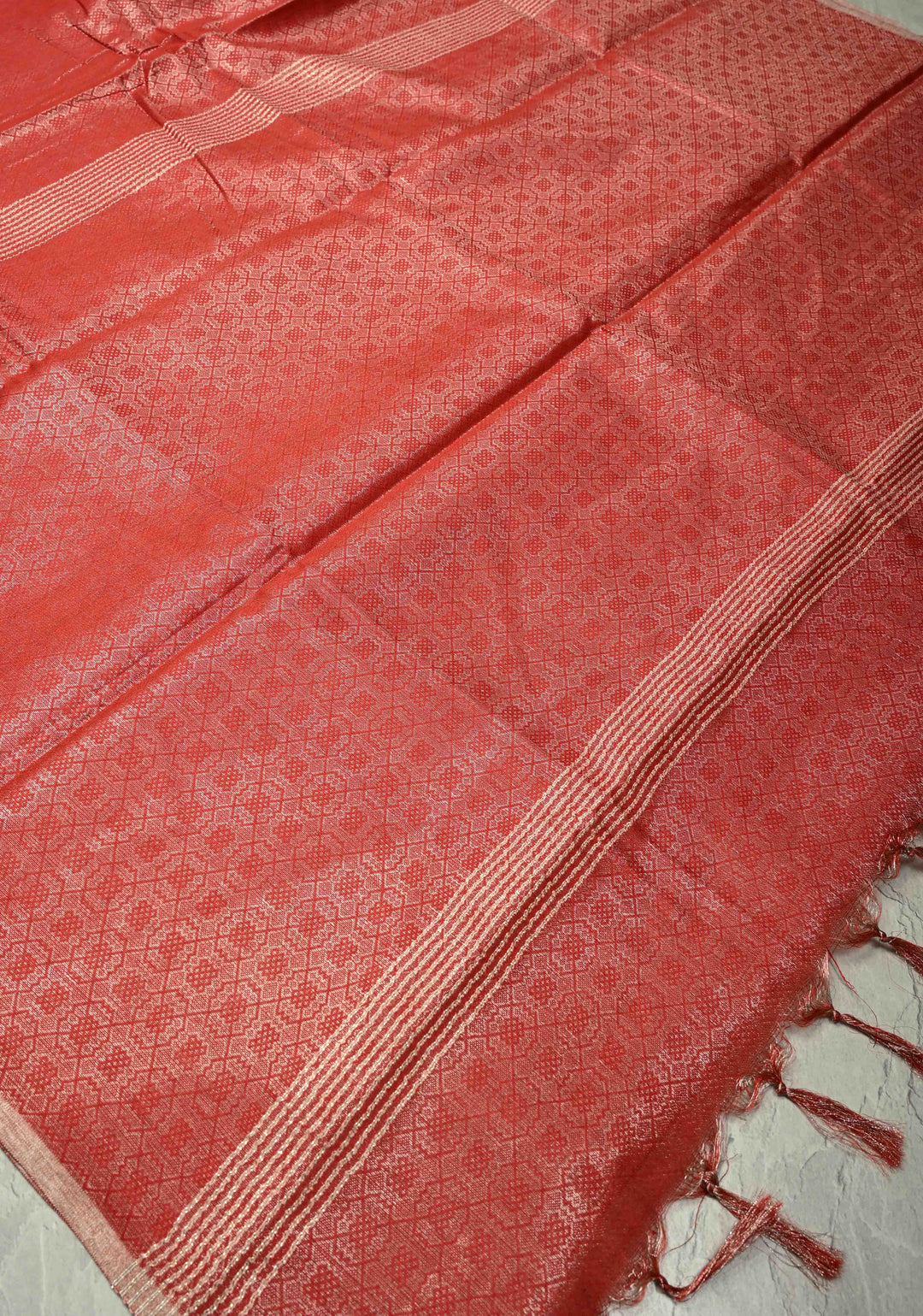 Scarlet Red Semi Tussar Saree with Zari Brocade and Minimal Silver Zari Border