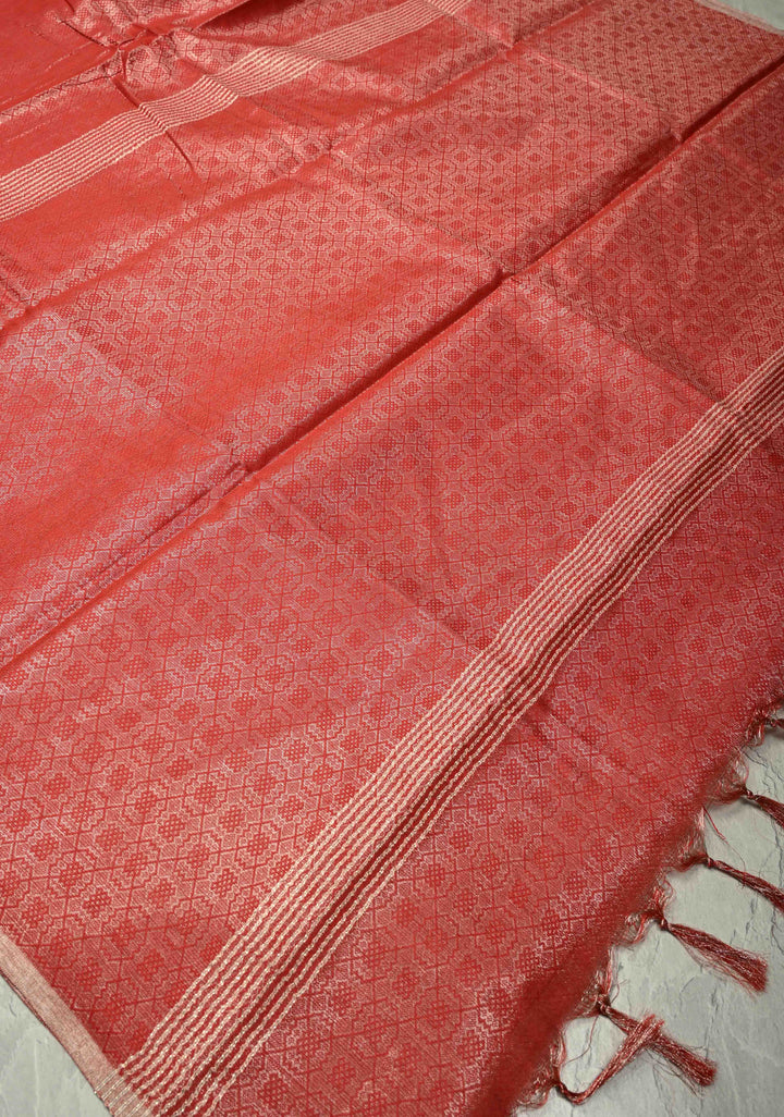Scarlet Red Semi Tussar Saree with Zari Brocade and Minimal Silver Zari Border