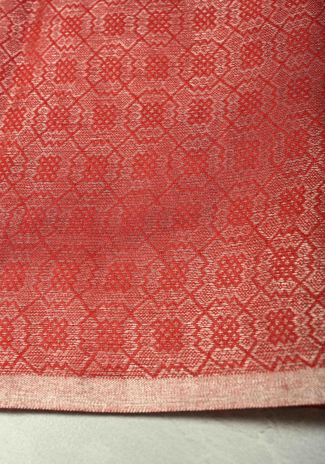 Scarlet Red Semi Tussar Saree with Zari Brocade and Minimal Silver Zari Border