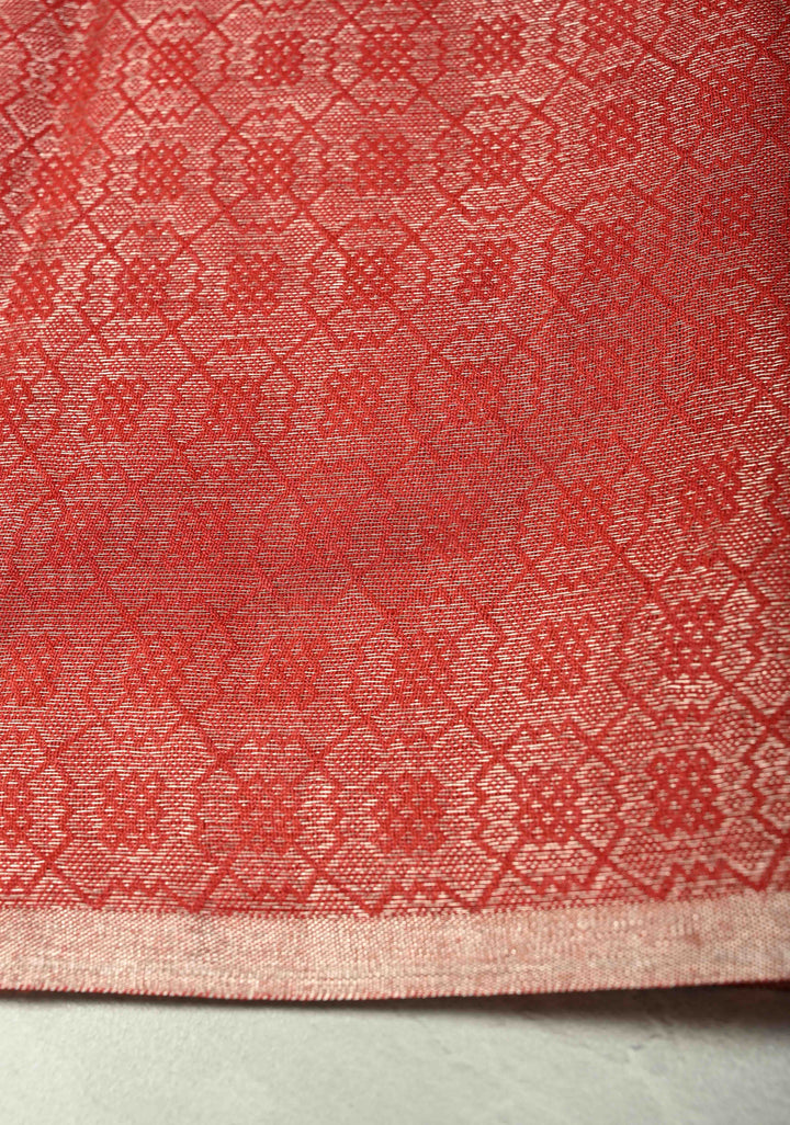 Scarlet Red Semi Tussar Saree with Zari Brocade and Minimal Silver Zari Border