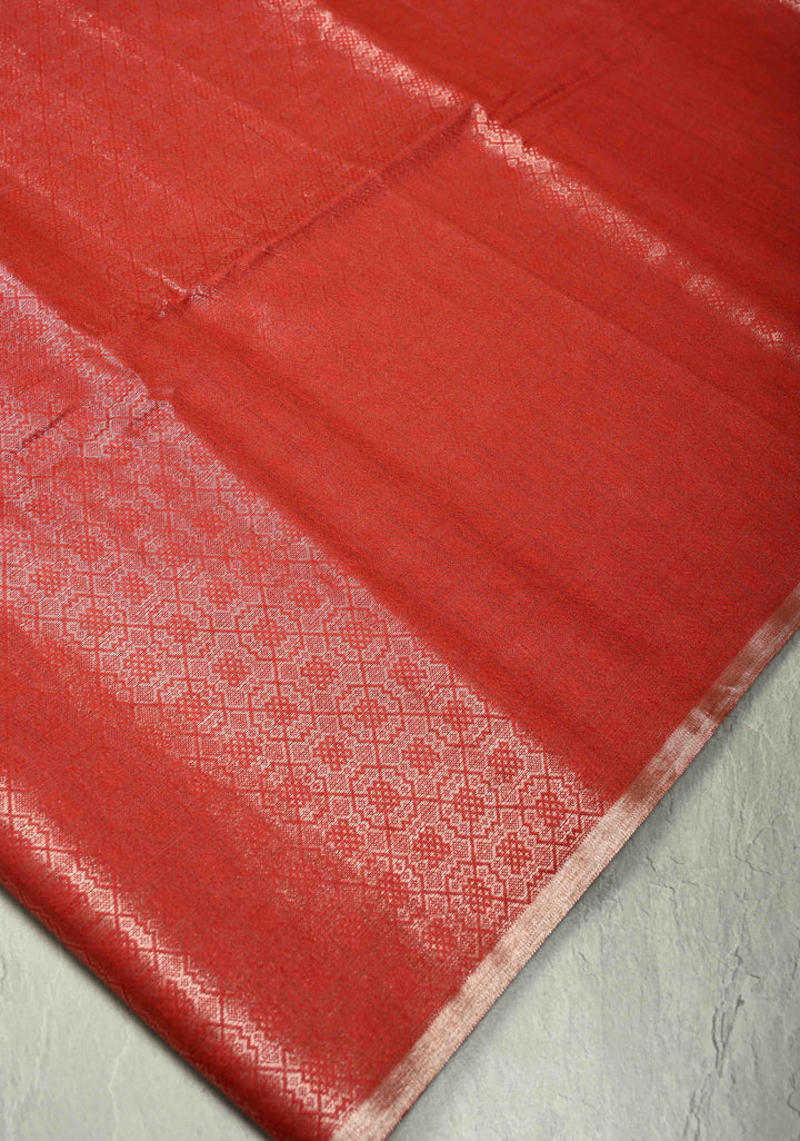 Scarlet Red Semi Tussar Saree with Zari Brocade and Minimal Silver Zari Border