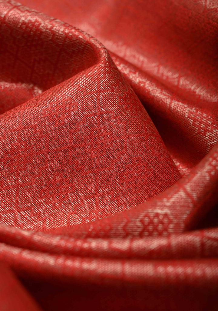 Scarlet Red Semi Tussar Saree with Zari Brocade and Minimal Silver Zari Border