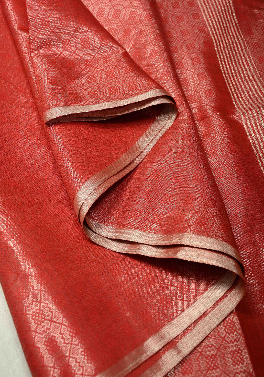 Scarlet Red Semi Tussar Saree with Zari Brocade and Minimal Silver Zari Border