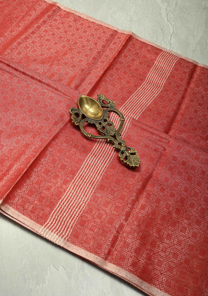 Scarlet Red Semi Tussar Saree with Zari Brocade and Minimal Silver Zari Border
