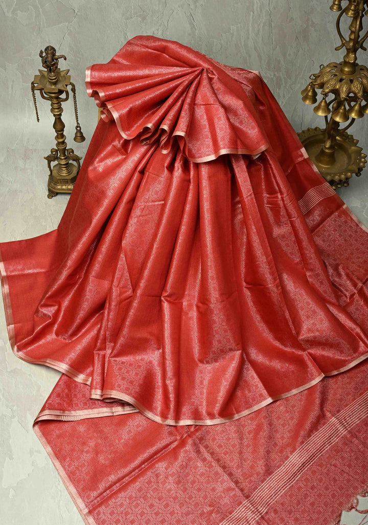 Scarlet Red Semi Tussar Saree with Zari Brocade and Minimal Silver Zari Border